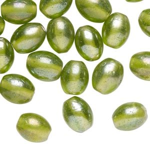 Bead, iridescent glass, translucent green, 10x8mm oval. Sold per pkg of 40 beads.