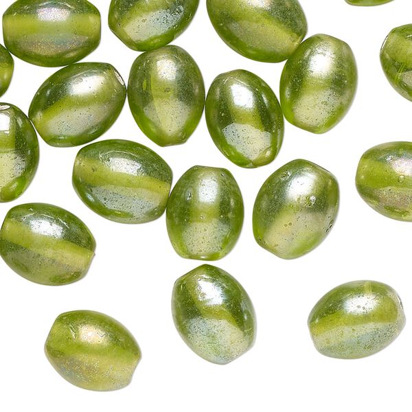 Bead, iridescent glass, translucent green, 10x8mm oval. Sold per pkg of 40 beads. image number 0