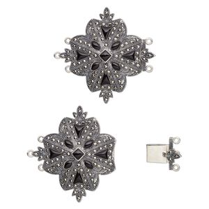 Clasp tab 1pkg1 sterling silver / marcasite (natural) / black agate, 48mm, 3-strand