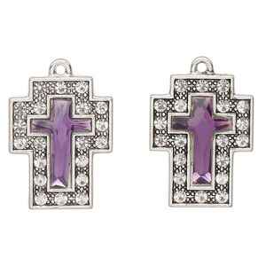 Drop, antique silver-finished "pewter" (zinc-based alloy) and glass, medium purple and clear, 23x17mm cross. Sold per pkg of 2.