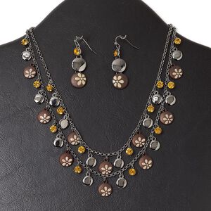 Necklace and earring set, 2-strand, gunmetal-finished "pewter" (zinc-based alloy) and steel / glass rhinestone / enamel, brown / tan / gold, flat round with flower design, 15" to 16" necklace with lobster claw clasp and 3-inch extender chain, 1-3/4 inch earring with fishhook ear wire. Sold per set.