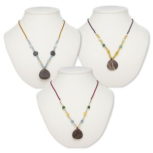 Multi-gemstone / acrylic / glass 1pkg3, teardrop pendant necklace mix continuous loop 20-24 inch 29x28mm-31x30mm