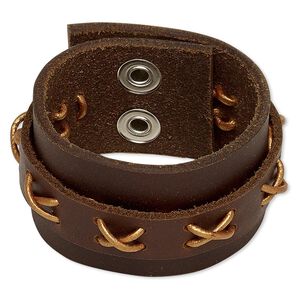 Bracelet, leather (dyed) and silver-plated steel, dark brown and copper, 40mm wide with crisscross design, 6 inches with snap closure. Sold individually.