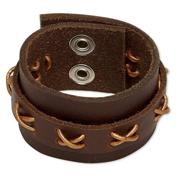 Bracelet, leather (dyed) and silver-plated steel, dark brown and copper, 40mm wide with crisscross design, 6 inches with snap closure. Sold individually. image number 0
