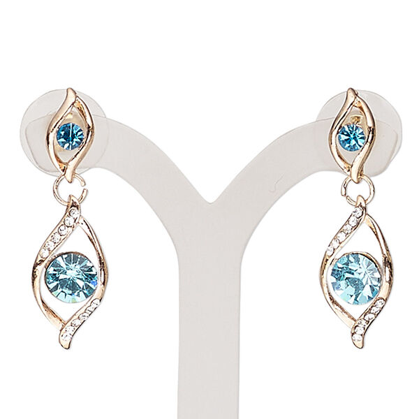 Earring, glass rhinestone / stainless steel / rose gold-finished "pewter" (zinc-based alloy), sapphire blue and clear, 34mm with double twist and post. Sold per pair. image number 0