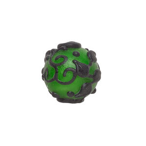 Bead, lampworked glass, opaque matte green and black with leaf and swirl design, 18mm round. Sold individually.