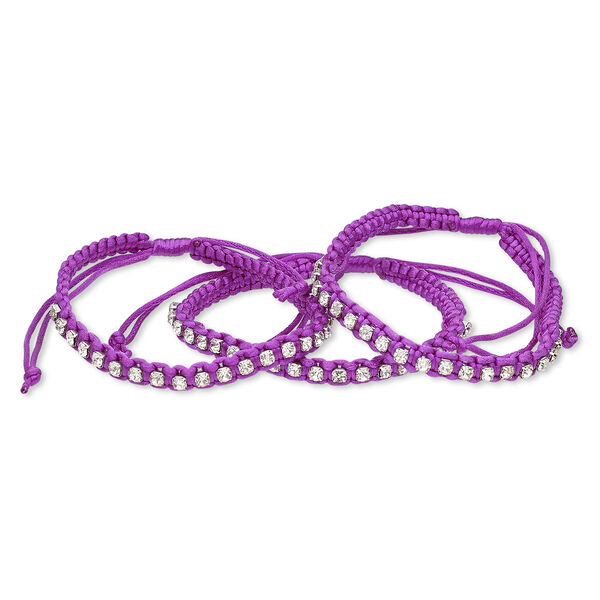 Bracelet, glass rhinestone / nylon / silver-plated brass, purple and clear, 6mm wide with cupchain, adjustable from 7 to 9-1/2 inches with wrapped knot closure. Sold per pkg of 3. image number 0