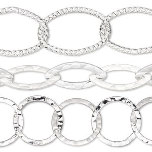 Chain mix 1pkg3 silver-plated, 14mm hammered round / 18x8mm hammered marquise / 21x14mm twisted oval / closed links, brass 8 inch unfinished