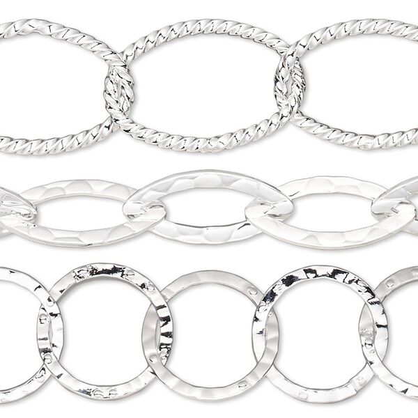 Chain, silver-plated brass, 14mm hammered round / 18x8mm hammered marquise / 21x14mm twisted oval. Sold per pkg of (3) 8-inch sections. image number 0
