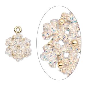 Charm, gold-finished "pewter" (zinc-based alloy) and enamel, white, 13mm double-sided snowflake with glitter. Sold individually.