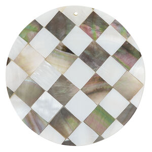 Focal, black lip shell / mother-of-pearl shell / resin (assembled) 1pkg1, 49-50mm top-drilled 1sided flat round with checkerboard pattern.