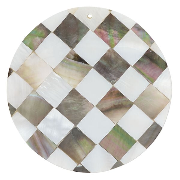 Focal, black lip shell / mother-of-pearl shell / resin (assembled) 1pkg1, 49-50mm top-drilled 1sided flat round with checkerboard pattern. image number 0