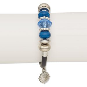 Bracelet, wrap, resin / acrylic / imitation leather / silver-coated plastic / silver-plated steel, black and blue, 15mm wide, 7-1/2 inches. Sold individually.