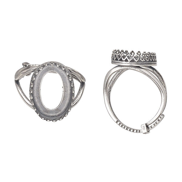 Ring, JBB Findings, antique silver-plated brass, 19.5mm wide with decorative trim and 18x13mm oval bezel setting, adjustable from size 8-11. Sold individually. image number 0