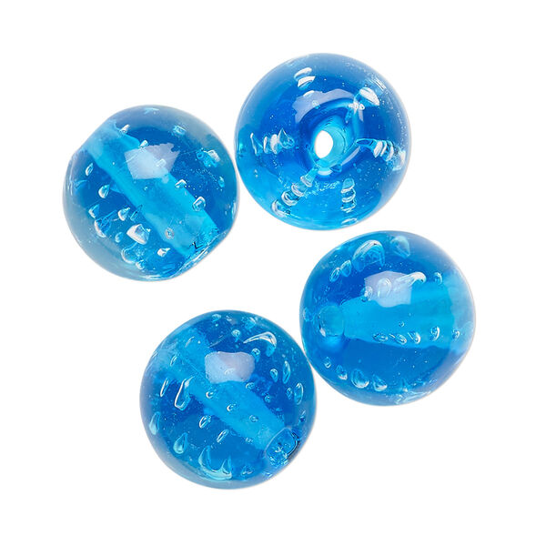 Bead, lampworked glass, translucent aqua blue, 14mm round. Sold per pkg of 4. image number 0