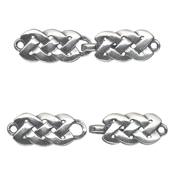 Clasp, JBB Findings, hook-and-eye, antiqued sterling silver, 34x9mm woven rectangle. Sold individually. image number 0