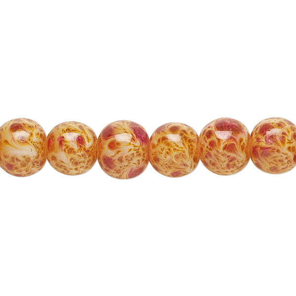 Bead, glass, opaque orange and red, 7-8mm round with random spotted pattern. Sold per 15-1/2" to 16" strand. image number 0