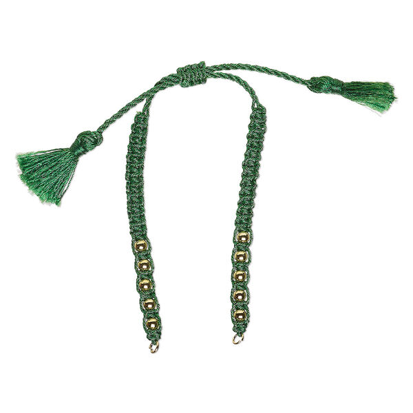 Bracelet component, nylon and gold-finished brass, green, 9-3/4 inches with adjustable macramé closure, 5mm wide with open loops. Sold individually. image number 0