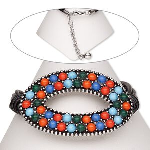 Bracelet, 4-strand, leather (dyed) / resin / antiqued silver-finished steel / "pewter" (zinc-based alloy), multicolored, 53x34mm open oval, 7 inches with 2-inch extender chain and lobster claw clasp. Sold individually.