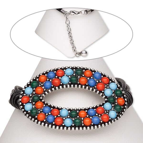 Bracelet, 4-strand, leather (dyed) / resin / antiqued silver-finished steel / "pewter" (zinc-based alloy), multicolored, 53x34mm open oval, 7 inches with 2-inch extender chain and lobster claw clasp. Sold individually. image number 0