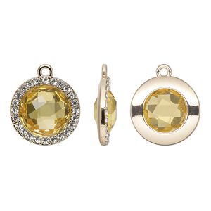 Drop, glass / glass rhinestone / gold-finished "pewter" (zinc-based alloy), clear and transparent citrine yellow, 19mm single-sided round. Sold per pkg of 2.