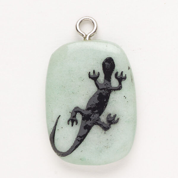 Focal, steel/green aventurine (natural)/enamel, pkg/1, silver finish and black, 30x24mm-39x27mm single-sided puffed freeform with salamander, B- grade. image number 0
