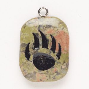 Focal, steel/unakite (natural)/enamel, pkg/1, silver finish and black, 30x24mm-39x27mm puffed freeform with bear claw.