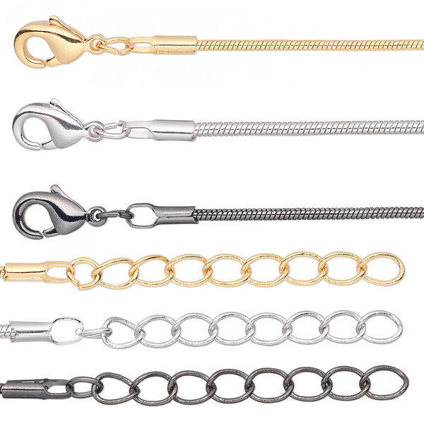 Chain, gold-finished / silver- / gunmetal-plated brass, 1mm snake, 6-1/2 inches with 1-1/4 inch extender chain and lobster claw clasp. Sold per pkg of 6. image number 0