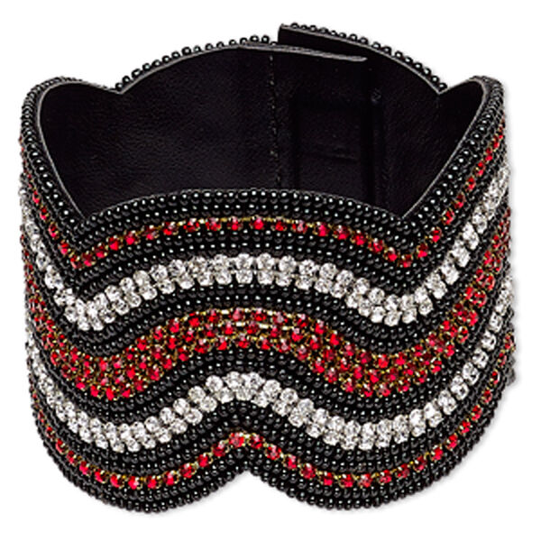 Bracelet, glass / glass rhinestone / leatherette / gold-finished brass, black / clear / red, 55mm wide with wavy design, 6 inches with magnetic clasp. Sold individually. image number 0