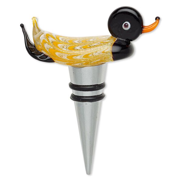 Bottle stopper, lampworked glass / rubber / silver-plated "pewter" (zinc-based alloy), multicolored with silver-colored foil, 3-2/3 x 2-3/4 inches with duck and 2 rings. Sold individually. image number 0