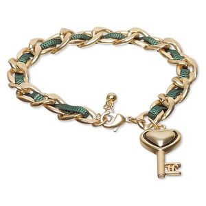 Bracelet, nylon with gold-finished steel and "pewter" (zinc-based alloy), green, 8mm wide with 26x15mm heart key, 7 inches with 1-inch extender chain and lobster claw clasp. Sold individually.