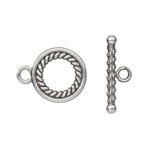 Clasp toggle 1pkg10 silver-plated "pewter" (zinc alloy), 16mm double-sided fancy twisted round, antique 1-strand