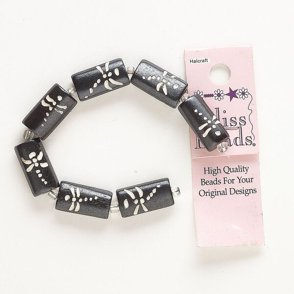 Bead, bone (dyed), black and white, 20x11mm puffed rectangle with dragonfly, Mohs hardness 2-1/2. Sold per pkg of 7. image number 0