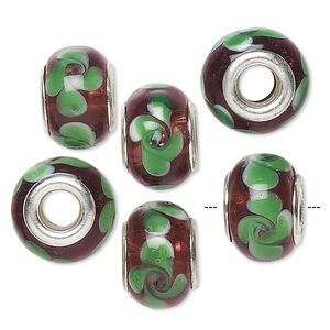 Bead, Dione®, lampworked glass with silver-plated brass grommets, semitransparent purple and green, 14x9mm rondelle with swirls. Sold per pkg of 6.