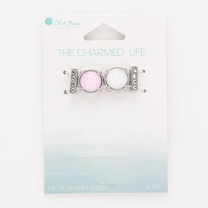 Slide, glass and silver-finished "pewter" (zinc-based alloy), pink / white / clear, 12mm round and 12.5x3mm rectangle with 10.5x2mm hole. Sold per pkg of 4.