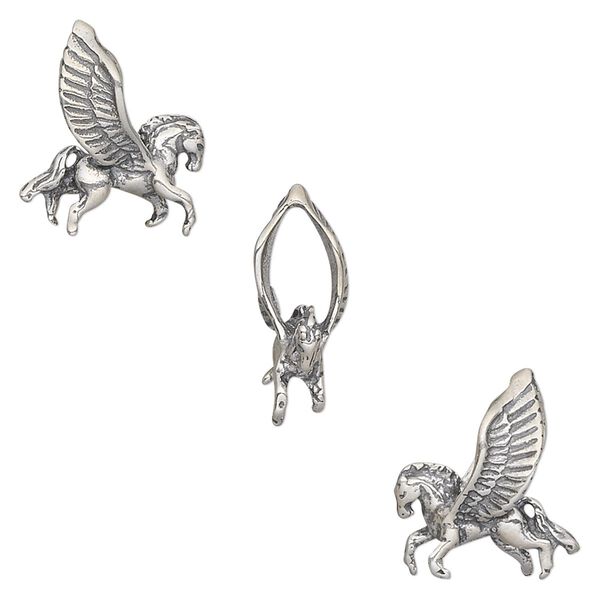 Charm, antiqued sterling silver, 14x13mm two-sided Pegasus. Sold individually. image number 0