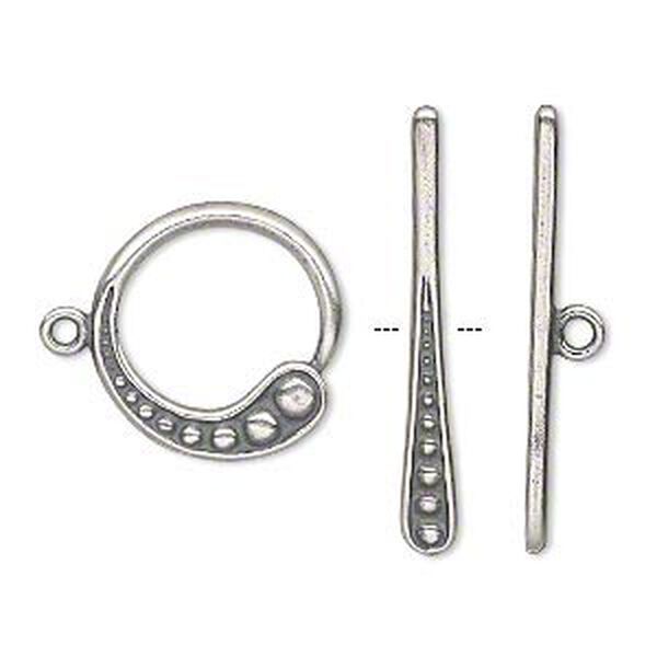 Clasp, JBB Findings, toggle, antique silver-plated pewter (tin-based alloy), 18mm single-sided round with beaded fade. Sold individually. image number 0
