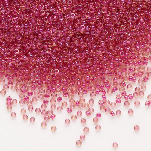 Seed bead, Miyuki, glass, pkg/35g, #15 rocaille, translucent light cranberry-lined luster topaz (RR-363). image number 0