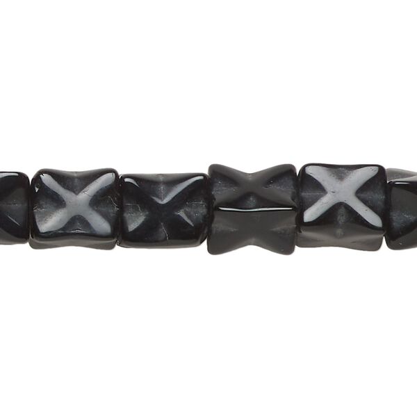 Bead, glass, opaque black, 9x7mm square tube. Sold per 11-inch strand, approximately 30 beads. image number 0