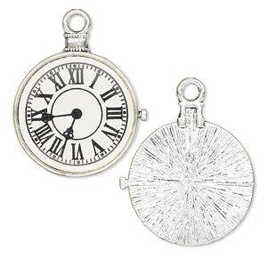 Focal, resin and antique silver-plated "pewter" (zinc-based alloy), black and white, 33x31mm single-sided pocket watch. Sold per pkg of 2.