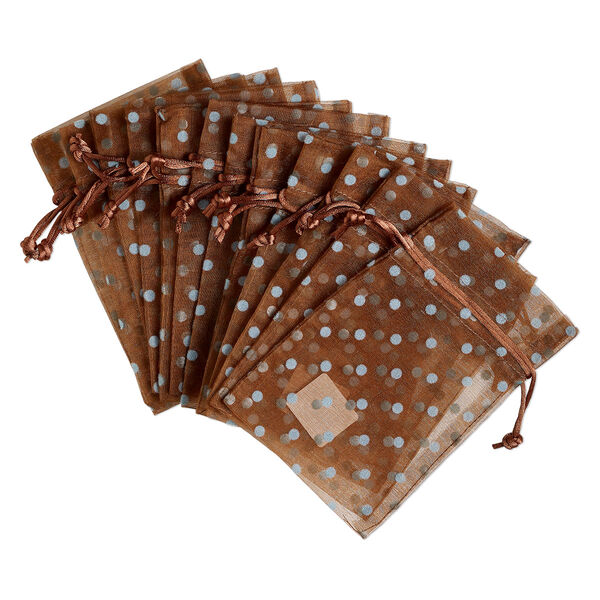 Pouch, organza, brown and robin's egg blue, 6x4 inches with dots pattern and drawstring closure. Sold per pkg of 12. image number 0