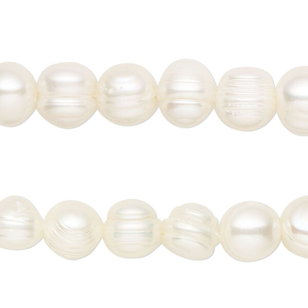 Pearl, cultured freshwater (bleached), white, 8-10mm semi-round, D grade, Mohs hardness 2-1/2 to 4. Sold per pkg of (2) 15-1/2" to 16" strands. image number 0