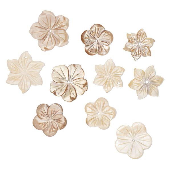 Focal and component mix, mother-of-pearl shell (dyed), beige and tan, 12-25mm hand-carved flower, Mohs hardness 3-1/2. Sold per pkg of 10. image number 0