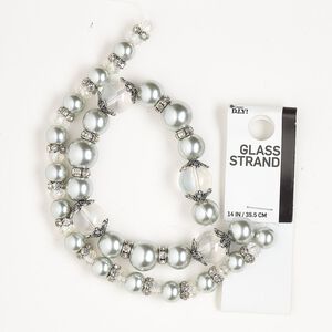 Bead and bead cap mix, silver-finished "pewter" (zinc-based alloy) / glass / acrylic, clear AB and pearl grey, 7-12mm round / 6x4mm rondelle with rhinestones / 11x3.5mm scalloped bead cap. Sold per 14-inch strand, approximately 65 pieces.