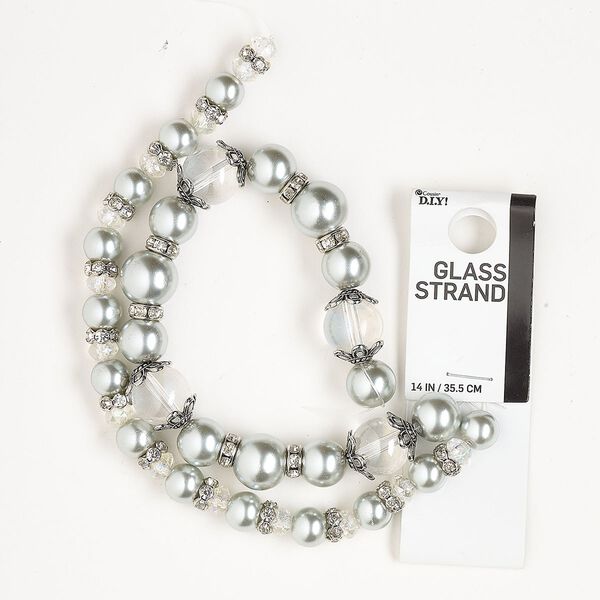 Bead and bead cap mix, silver-finished "pewter" (zinc-based alloy) / glass / acrylic, clear AB and pearl grey, 7-12mm round / 6x4mm rondelle with rhinestones / 11x3.5mm scalloped bead cap. Sold per 14-inch strand, approximately 65 pieces. image number 0