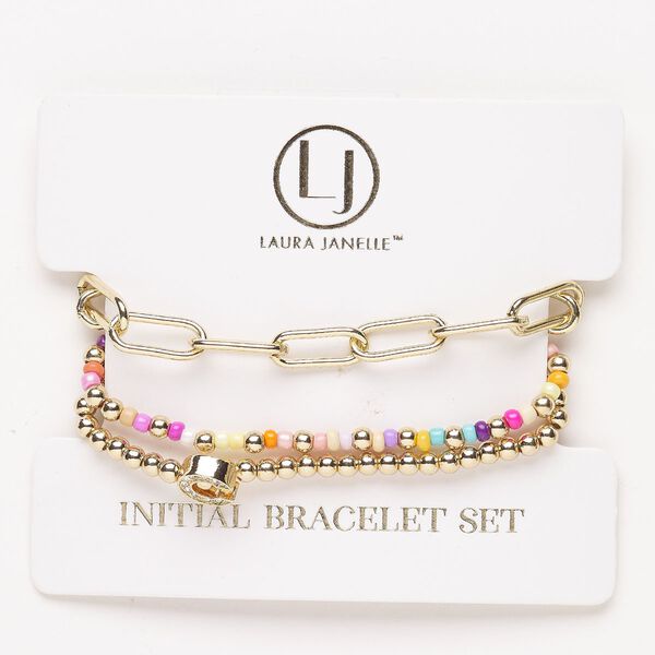 Bracelet assortment, steel / acrylic / elastic, pkg/3, 6-1/2 inches, gold finish and multicolored. image number 0