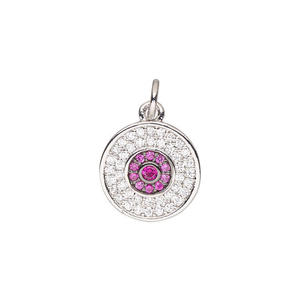 Drop, cubic zirconia and silver-finished brass, clear and pink, 12.5mm single-sided round with 5mm open jump ring. Sold individually. image number 0