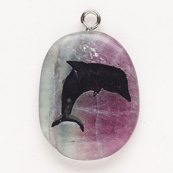Focal, steel/rainbow fluorite (natural)/enamel, pkg/1, silver finish and black, 30x24mm-39x27mm single-sided puffed freeform with dolphin, C+ grade. image number 0