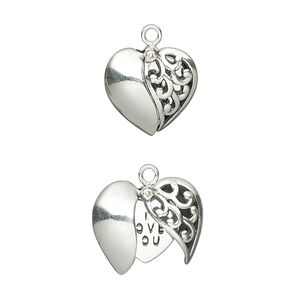 Charm, antiqued sterling silver, 13.5mm single-sided winged puffed heart with cutout design and "I Love You" inner heart. Sold individually.