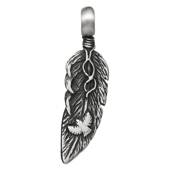 Pendant, "pewter" (zinc-based alloy), 56x16mm feather with eagle. Sold individually. image number 0